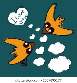 two funny love birds flying in clouds made of hearts, vector graphics, funny pictures, icon, valentine, decoration for Valentine's Day,cartoon funny image, banner, picture