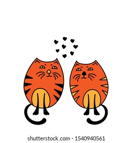 Two funny loving cats, hearts. Print for t-shirt, bag, pillow, greeting card and other your design. Vector