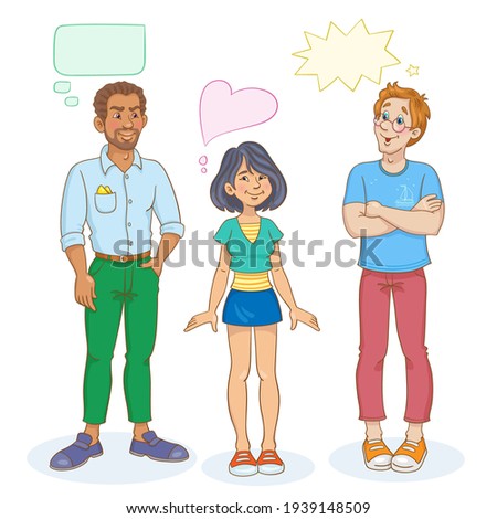 Two funny men and a beautiful young woman are standing and talking. Different nationalities. Picture with speech bubbles. Place for text. In cartoon style. Isolated on white. Vector illustration.