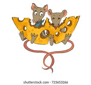 Two funny mice eating cheese cartoon image. Artistic freehand drawing.