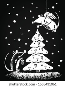 Two funny mice the symbol of 2020 decorate the Christmas tree. Illustration hand-drawn in chalk on a blackboard. Christmas, new year celebration holiday background. 