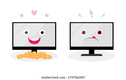 Two funny monitor characters, good and evil. The concept of falling income. Vector illustration.