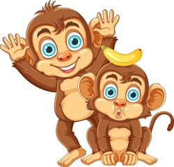 Two Funny Monkeys Cartoon Characters Illustration