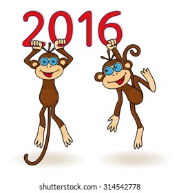 Two funny Monkeys hang on the digits of 2016 inscription, cartoon vector artwork on the white background