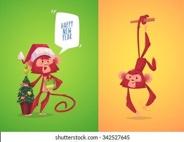 Two funny monkeys. Monkey with present in her hand and monkey hanging on a branch.  The simbol of new year.  Vector illustration.