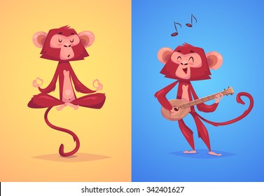 Two funny monkeys. Yoga in the lotus position and a singer with a guitar. The simbol of new year.  Vector illustration.