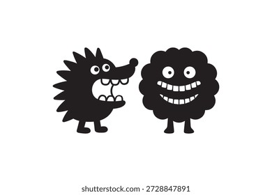 Dos siluetas de monstruo divertidas para el diseño creativo - personajes de dibujos animados peculiares en blanco y negro