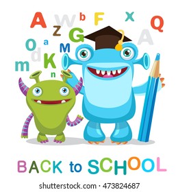 Two Funny Monsters And Text Back To School On A White Background  Vector Illustrations. 