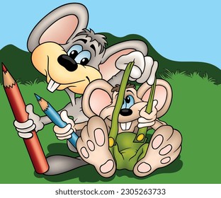 Dos dedos graciosos sosteniendo lápices de colores - Ilustración de dibujos animados de color con fondo, vector