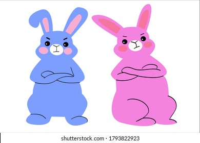 Two funny multicolored cartoon rabbits isolated on white background. Emotion of dissatisfaction, irritation, protest.Template for poster. banner, print for t-shirt,prints.Children vector illustration