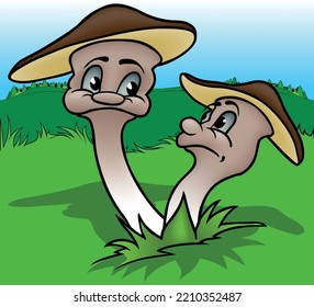 Zwei lustige Pilze im Gras mit Gesichtspunkten und blauen Augen - farbige Cartoon-Illustration mit Hintergrund, Vektorgrafik