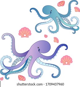 Two funny octopus surrounded by pink shells - vector full color picture. Octopuses - small blue and large purple with small pink shells.