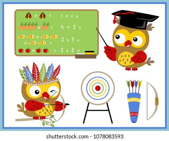 Two funny owl cartoon in profession teacher and archer