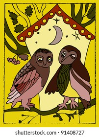 Two Funny Owls near Forest House (eps10 vector)