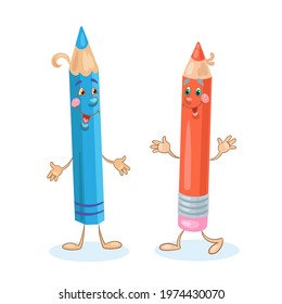 Two funny pencils blue and red. In cartoon style. Isolated on white background. Vector flat illustration.