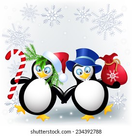 Two funny penguin with Christmas candy and gift bag
