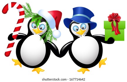 Two funny penguin with Christmas gifts