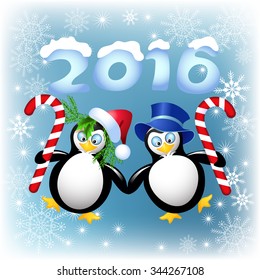 Two funny penguin with Christmas striped comfit