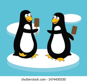 Two funny penguins eat popsicle. Vector illustration.