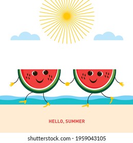 Zwei lustige Stücke Watermelon am Strand. Sommerzeit. Hallo Sommer, Kartendesign 