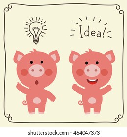 Two funny piggy with lamp of idea and text. Set for child education.