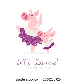 Two funny pigs are dancing. Lettering and calligraphy. Vector illustration on white background. The symbol of the Chinese new 2019. Festive gift card.