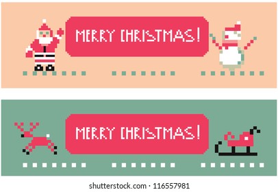 Two funny pixel banners santa and his team holding a Merry Xmas banner