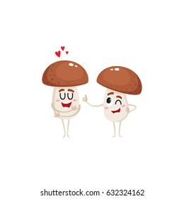 Two funny porcini mushroom characters, one showing love, another giving thumb up, winking, cartoon vector illustration isolated on white background. Two porcini mushroom characters, love and joking