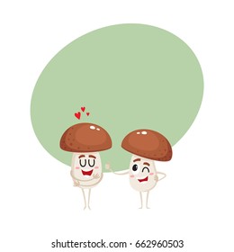 Two funny porcini mushroom characters, one showing love, another giving thumb up, winking, cartoon vector illustration with space for text. Two porcini mushroom characters, love and joking