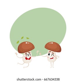 Two funny porcini mushroom characters, one jumping from happiness, another showing thumb up, cartoon vector illustration with space for text. Couple of happy porcini mushroom characters