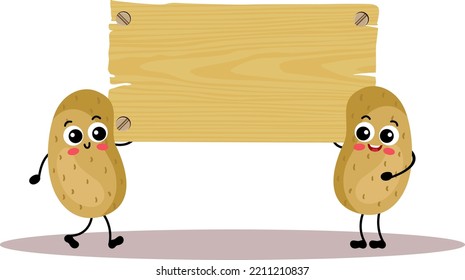 Two funny potatoes holding a empty wooden signboard
