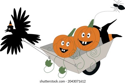 Two funny pumpkins are in a hurry to the Halloween party. They sit at the wheelbarrow and big black crow pulls them. Black spider and two hats also are going to the party.