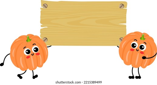 Two funny pumpkins mascot holding a empty wooden signboard
