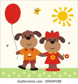 Two funny puppy with balloon and flower, boy and girl. 