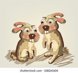 Two funny rabbits, hand drawn sketch