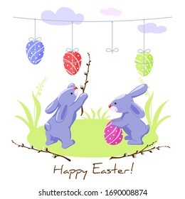 Two funny rabbits play with Easter eggs. Colorful illustration for the design of a postcard for the Easter holiday. Vector image isolated on a white background