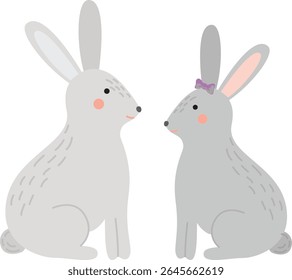 Two funny rabbits sitting opposite each other. Illustration of farm animals isolated on white background