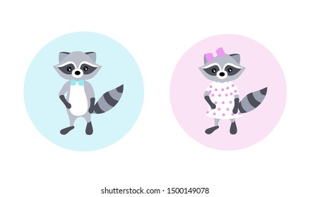 Two funny raccoons on a blue and pink background. Posters for the children's room for a boy and a girl. Cartoon raccoons friends.