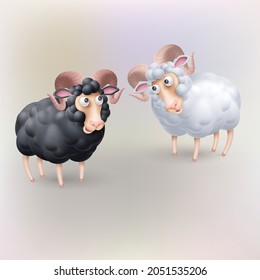 Dos divertidos Rams de colores blanco y negro. Ilustración de la oveja de pareja. Plantilla perfecta para la portada sobre animales divertidos