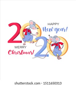 Two funny rats with christmas and new year greeting. Chinese New Year 2020. Concept for happy new year, christmas holiday. Symbols of the year.Vector illustration isolated on a white background.
