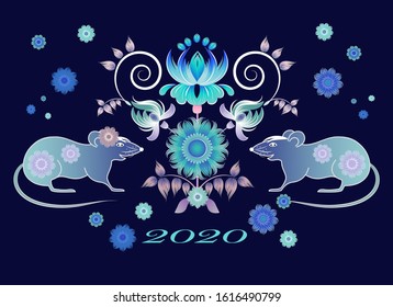 Two funny rats with flowers in folk style. New year card vector illustration. Happy smile. Love card.
