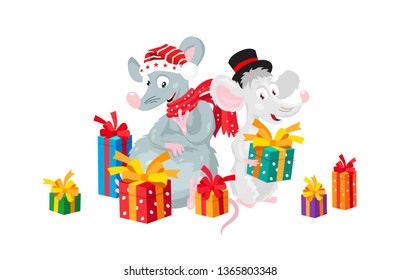 Two funny rats surrounded by gift boxes. The symbol of the new Chinese 2020 year. Holiday card. Vector illustration on white background.