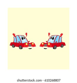 Two funny red car, auto characters absolutely dismayed and despaired, cartoon vector illustration isolated on white background.  