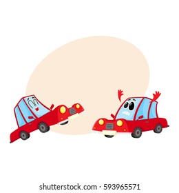 Two funny red car characters, one dismayed and despaired, another laughing happily, cartoon vector illustration with place for text. Couple of red car characters, mascots, laughing and sad