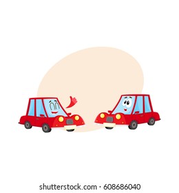 Two funny red car characters, one showing thumb up, another surprised, cartoon vector illustration with place for text. Couple of funny red car characters, mascots, giving thumb up and awed