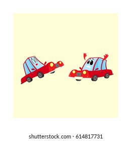 Two funny red car characters, one dismayed and despaired, another laughing happily, cartoon vector illustration isolated on white background. Couple of red car characters, mascots, laughing and sad