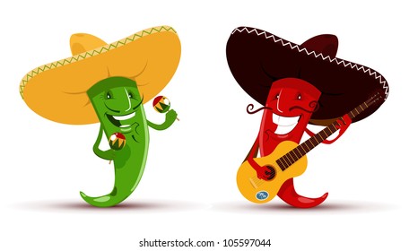 Two funny red and green chili peppers which playing guitar and maracas and singing a song