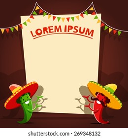 Two funny red and green chili peppers and poster template