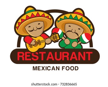 Two funny red and green Mexicans playing guitar and maracas, restaurant signboard