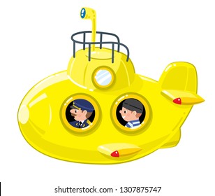 Two funny researchers at the submarine in the sea